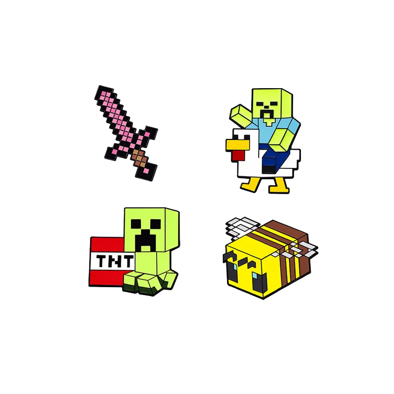4pcs Set Baby Zombie Chicken Jockey & Pixel Creative Sword Bee Enamel Pin Brooch Metal Badge Jewelry for Backpack Accessories