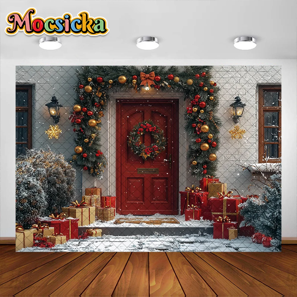 พื้นหลังประตูไม้สำหรับถ่ายภาพเทศกาลคริสต์มาสฤดูหนาวอุปกรณ์ตกแต่งพวงมาลัยของขวัญวันคริสต์มาสฉากหลังถ่ายภาพบุคคลสาว