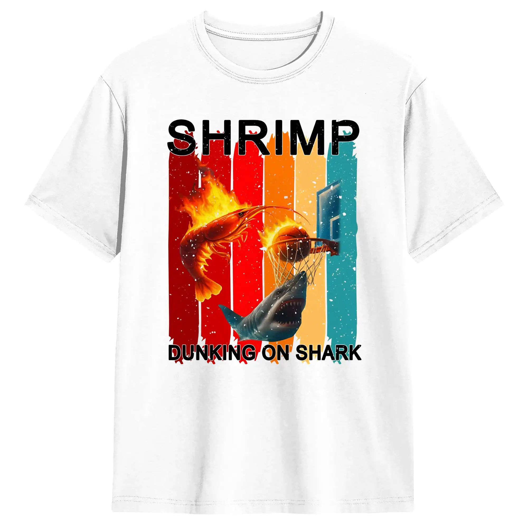 Flaming Shrimp Dunks on Shark T Shirt Summer Cool T Shirts Men Cotton O Neck Plus Size 5XL Clothes Short Sleeve Y2K Basic Tops