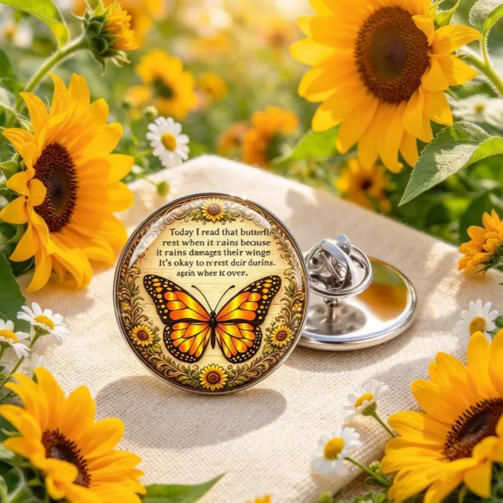 6-20Pcs 2D Flat Butterfly Sunflower Brooch Inspirational Quote Stainless Steel Lapel Pin, Unisex Badge for Clothes Backpack Gift