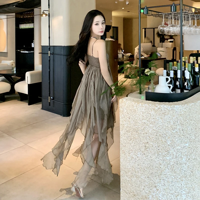 2024 Good Quality Korean Style Women's Summer Beach Dress Sexy Lady Irregular Strap Dress Holiday Clothes Long Dresses for Women