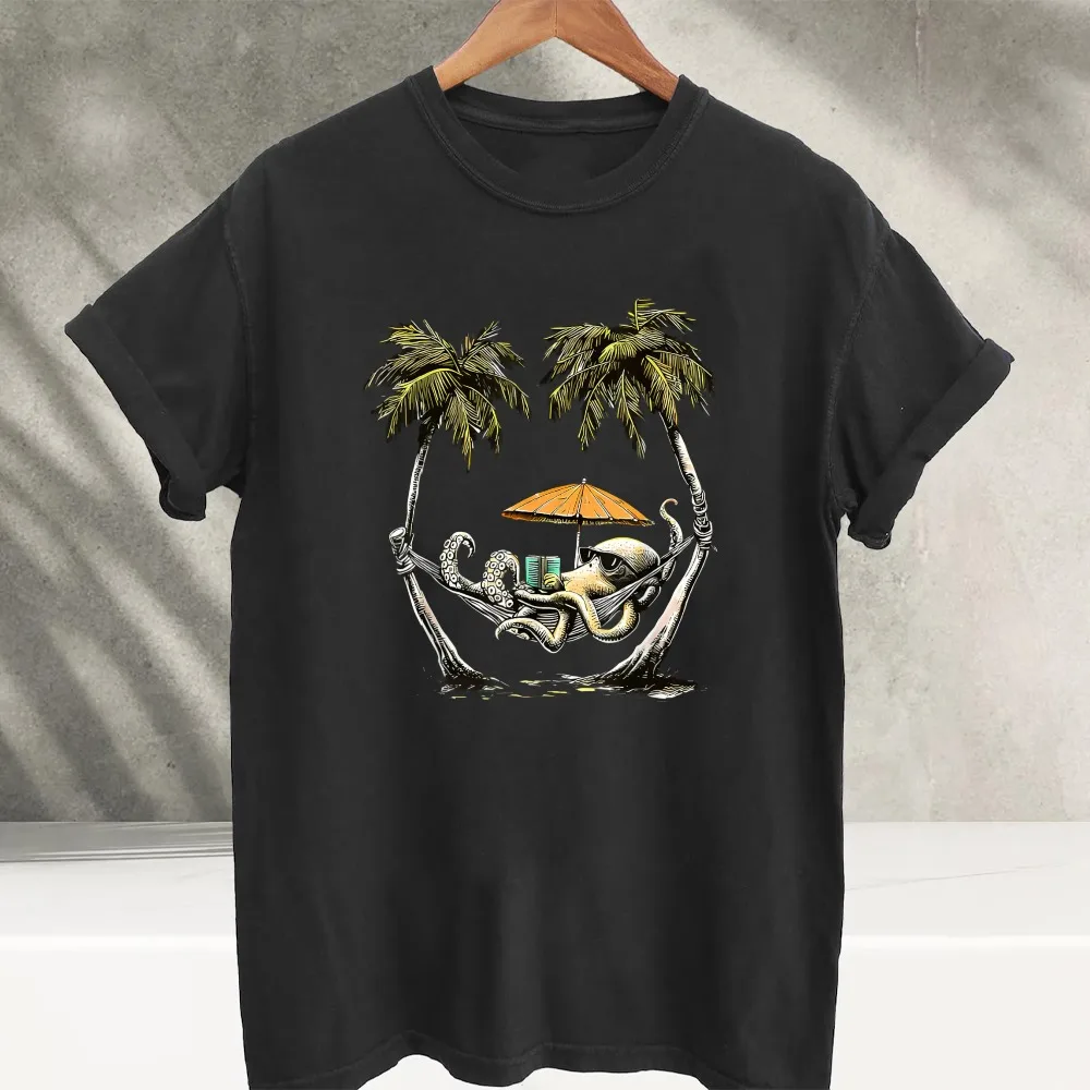 Chill Vacation Octopus Hammock Palm Tree Beach Graphic T‑Shirt Funny Relaxing Ocean Creature Holiday Print Cotton Casual Tees