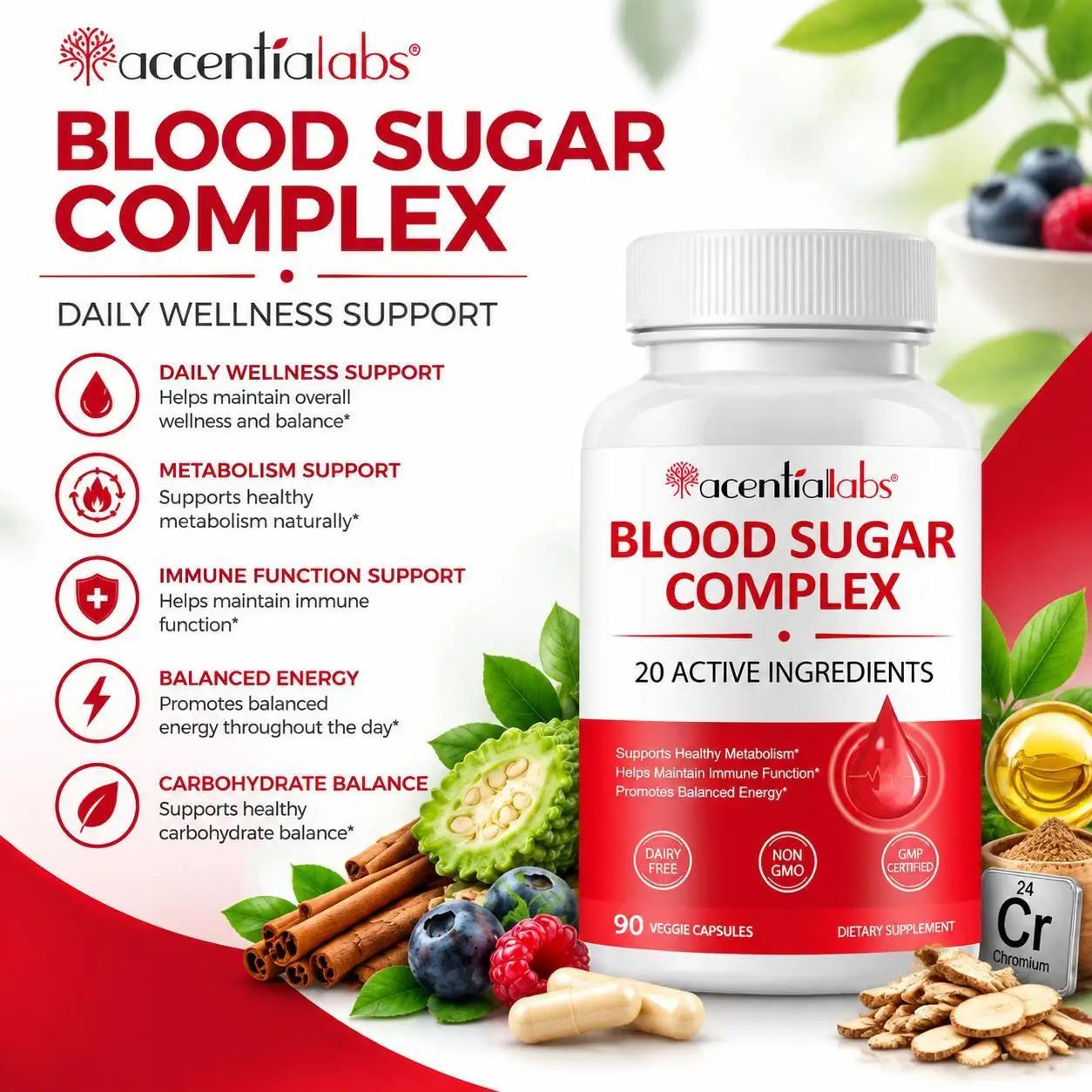 Blood Sugar Support Capsules with Chromium Alpha Lipoic Acid Bitter Melon & Cinnamon for Metabolism Balance Wellness 90 Count