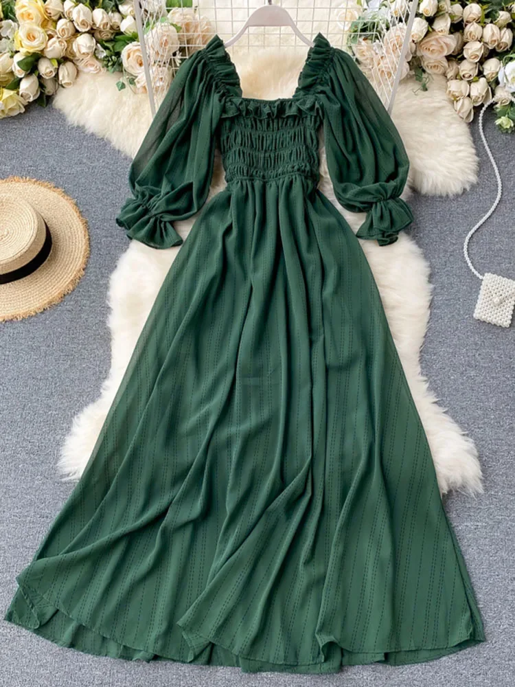 Summer Women\'s Dress New Square Collar Wooden Ear Bubble Sleeve Dress Korean Style Waist Slim Chiffon Female Dresses GX087