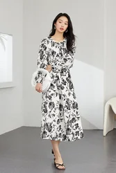 VIMLY Women's Elegant Tea Break French Style Dress Autumn New O-Neck Long-Sleeved Cotton Floral Dress Commuter Casual Dress