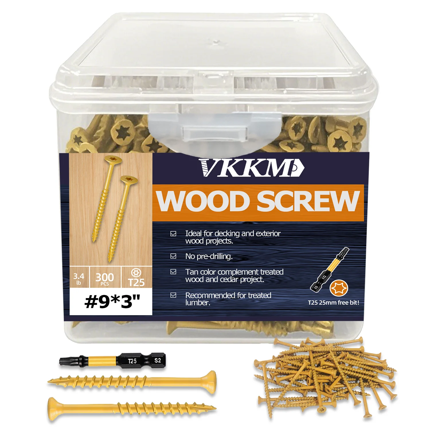 

VKKM#9 Plum Blossom Head Self-tapping Wood Screws, 300 Pieces, Torx Drive Screws, Yellow Coating for Rust Prevention.