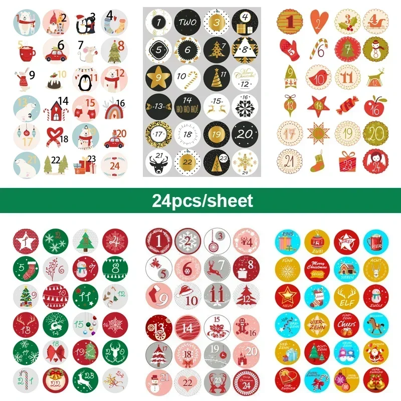 24pcs/sheet Cookie Candy Seal Stickers DIY Gift Packaging Labels Xmas Decor Merry Christmas Advent Calendar Number Paper Sticker