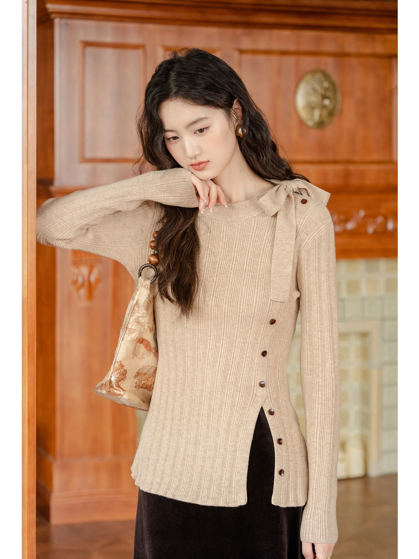 

Early Autumn Long Sve Knitted Sweater Women's Faionable Khaki Camere Feel Quali Knot Tie Waist Design
