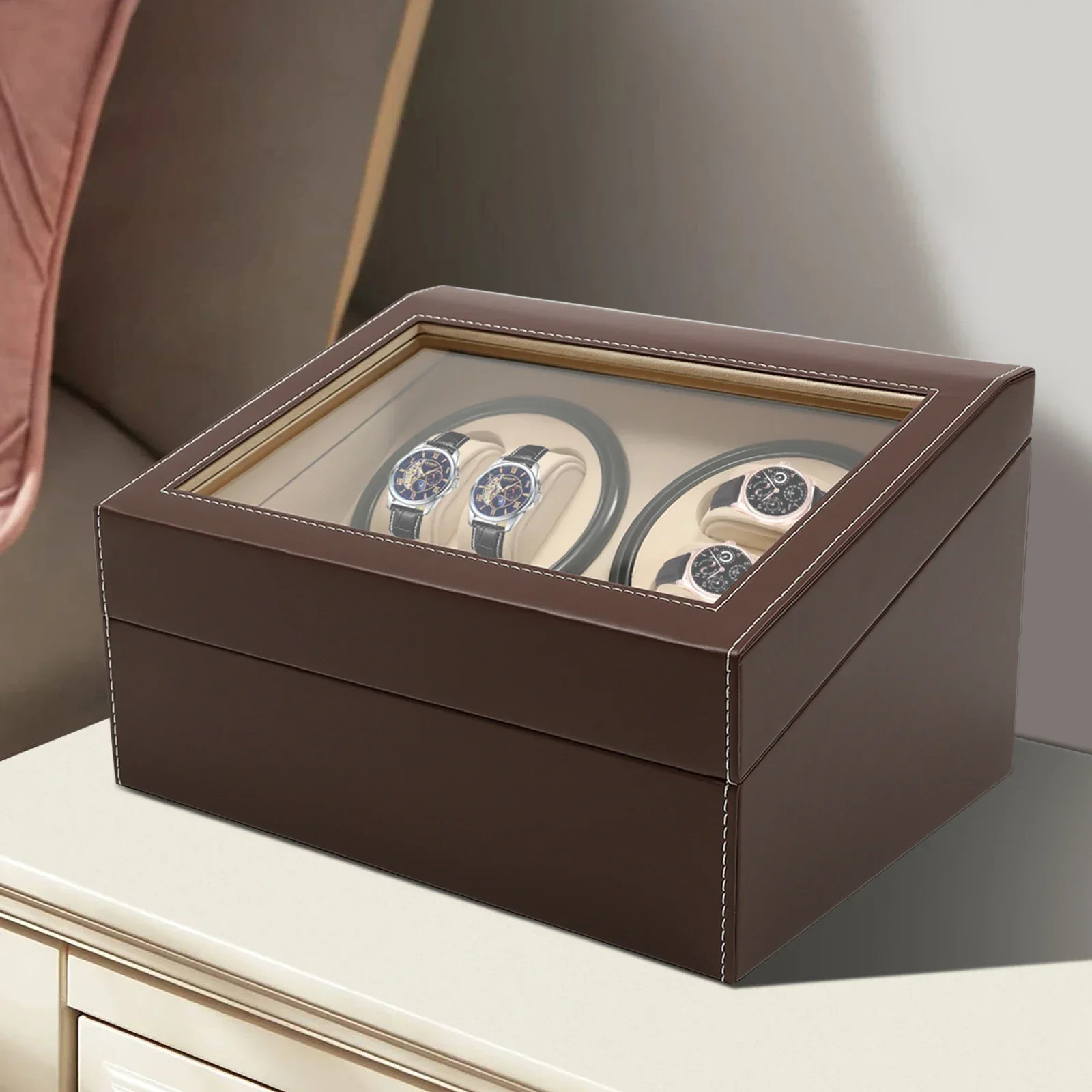 

Bymaocar Automatic Low Noise Watch Winder Box Home Decor,Stores/offices 10-Watch Display Boxe Brown Leather W/ 2 Winding Devices