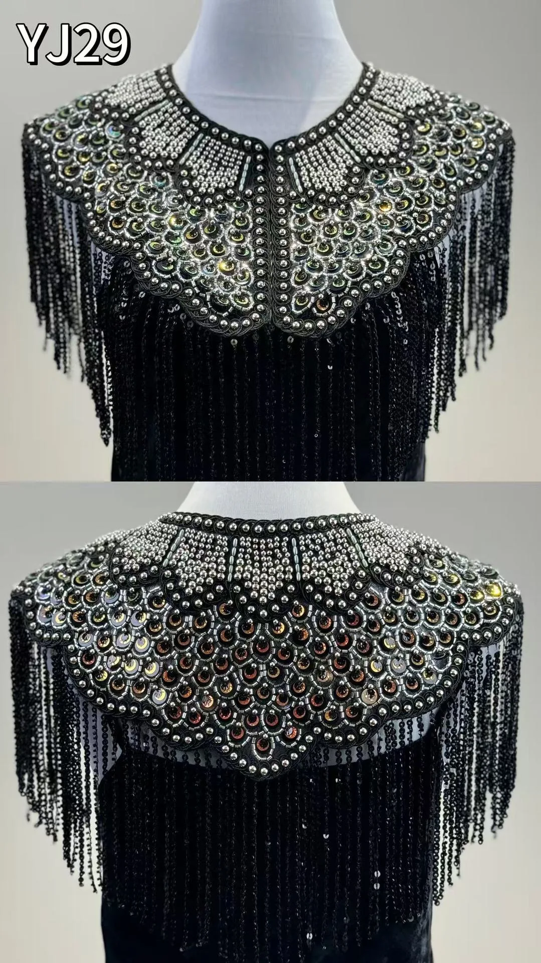 Handgefertigter Schal mit Perlen und langen Fransen, Abendkleid-Umhang, hochwertiges Bankett- und Partykleid, Jacke, Abendkleid, Schwalbenschwanz-Mantel – Detail 1