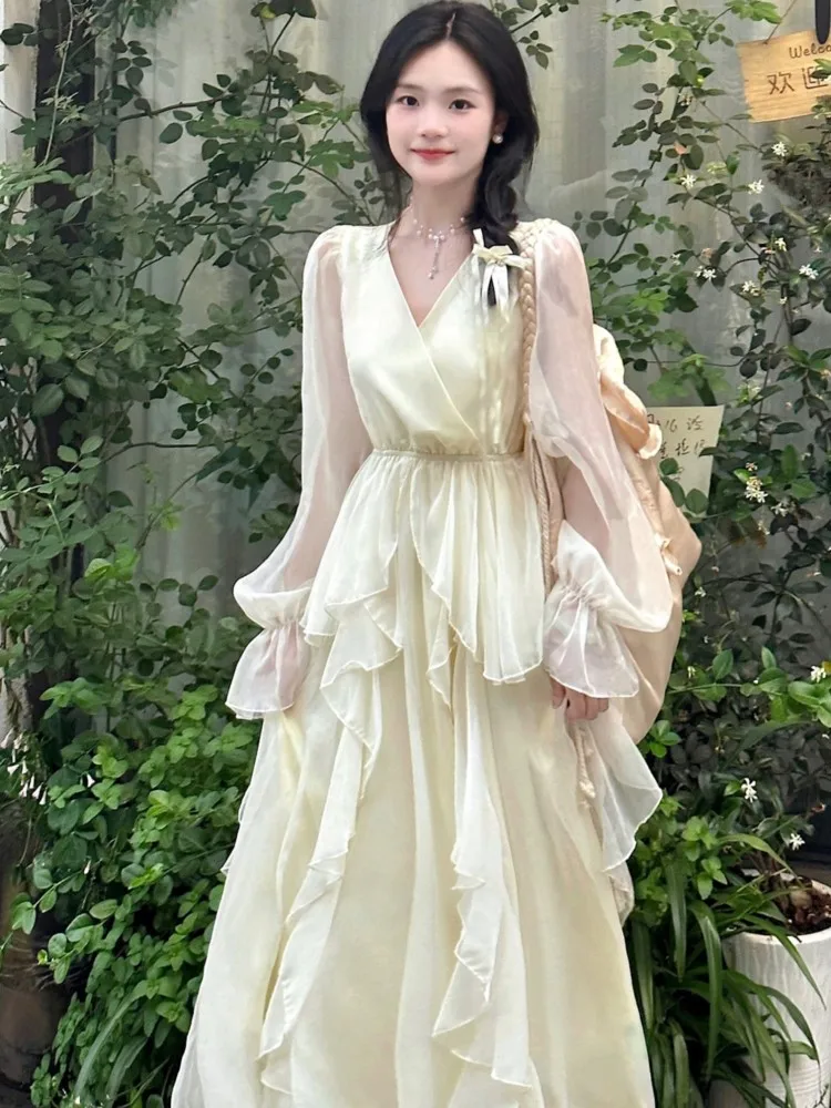 2024 Summer New Fashion Elegant Fairy Dresses for Women Gentle Sweet V-Neck Slim Long Flare Sleeve Flounced Edge Party Dress