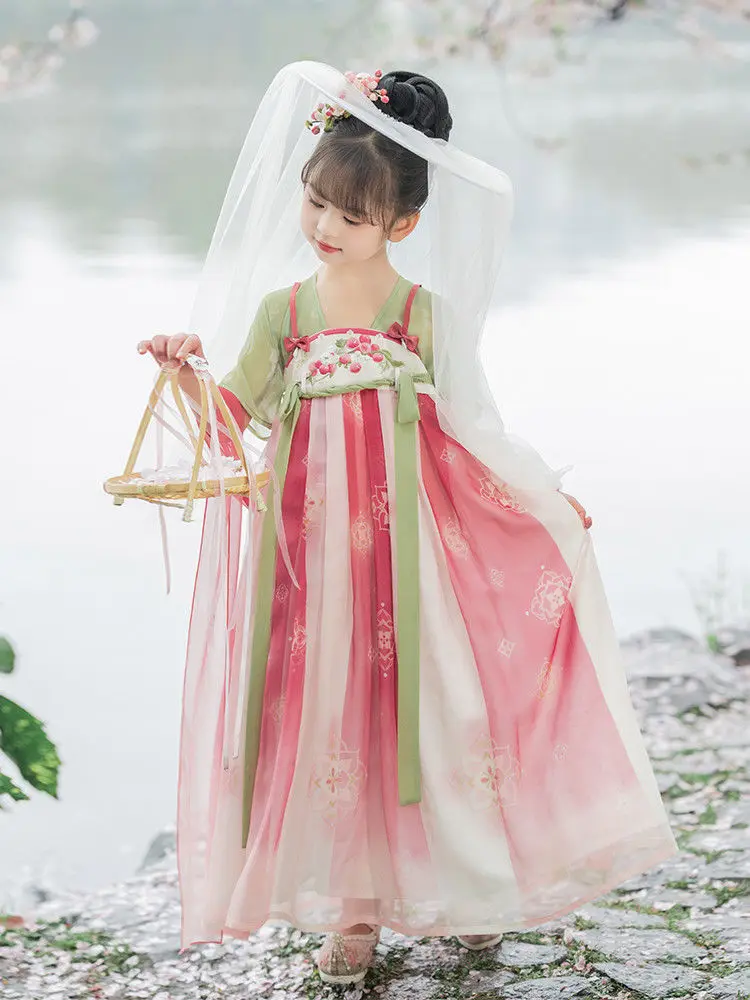 زي هان على الطراز الصيني للفتيات ، زي الأطفال القديم ، فتاة صغيرة ، بدلة تانغ فائقة الجنية ، فستان صيفي ، طفلة صغيرة