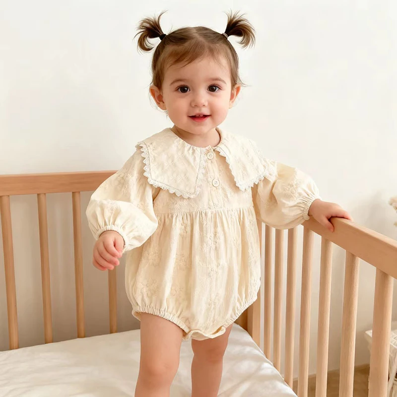 

Spring Girls Sweet Princess One Piece Romper Baby Girls Clothes Toddler Newborn Romper Lace Collar Linen Clothing Autumn Outwear