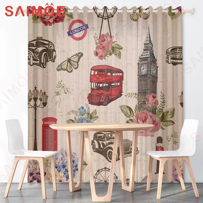 3D Summer Resort Vintage City Building Curtains Vintage Car Beauty Beach Coconut Tree Thin Polyester Fabric Decorative with Hook