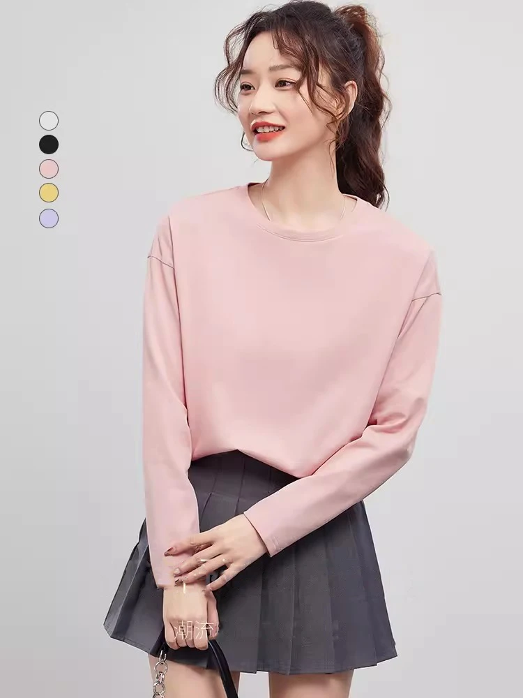 New Women Spring Autumn Long Sleeve T-shirt Fashion O-Neck Drop sleeve Loose Cotton Tees Simplicity Casual Basic T-shirt