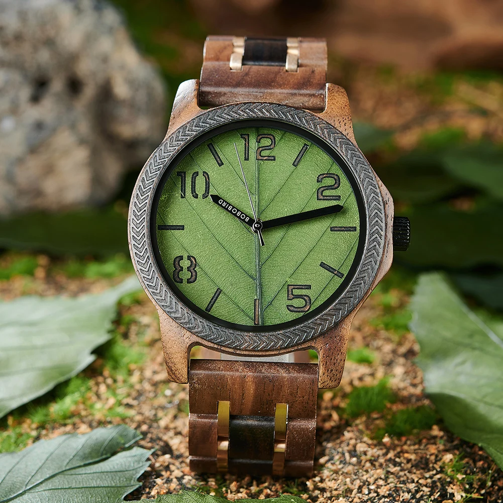 BOBO BIRD Genuine Leaf Watch Nature Wood Men's Quartz Wristwatches Leaf Dial Watch For Men Timepieces Great Gift In Wooden Box
