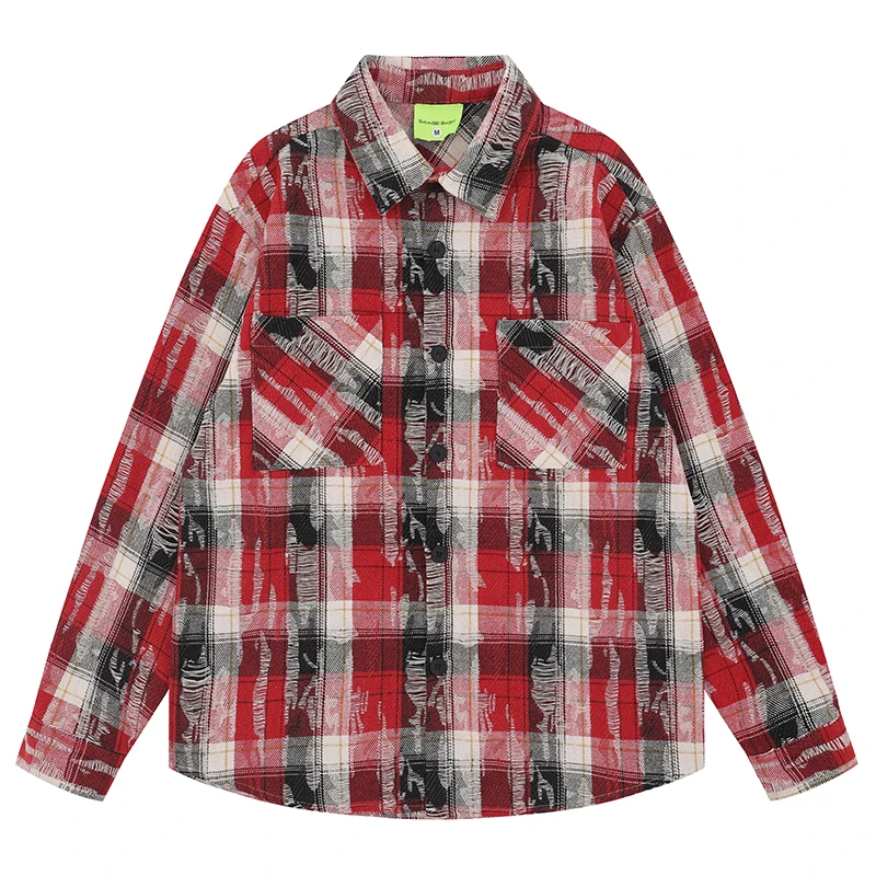 

Mens Ripped Plaid Long Sleeve Shirts Hip Hop Vintage Grunge Checkered Oversized Jacket Streetwear Casual Cotton Tops Clothing
