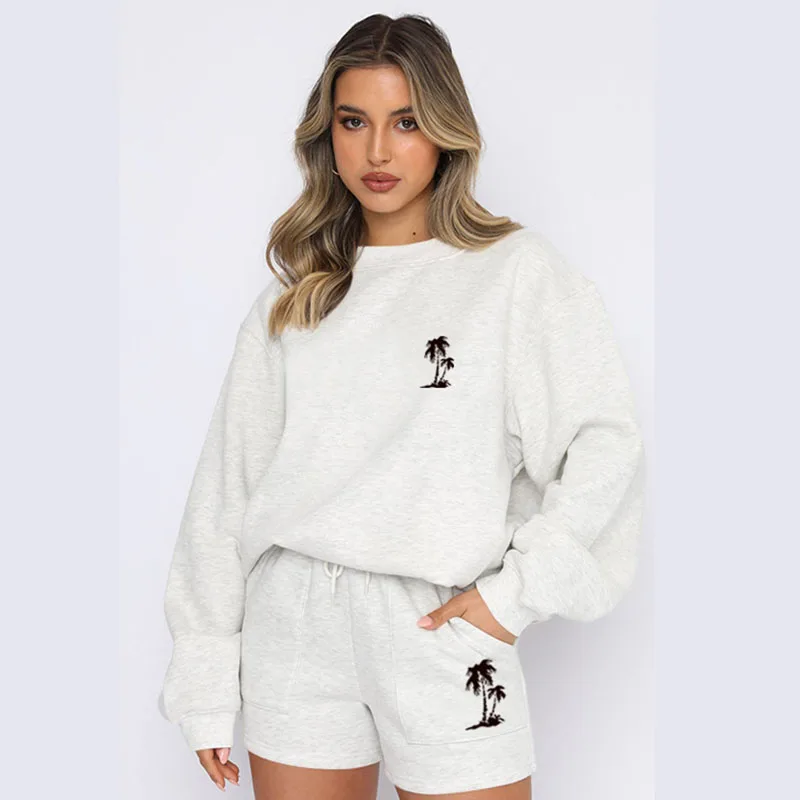 

Женский спортивный костюм, комплекты из двух предметов, толстовки с длинными рукавами, повседневные короткие брюки на шнурке, осень 202, спортивный костюм с узором кокосовой пальмы