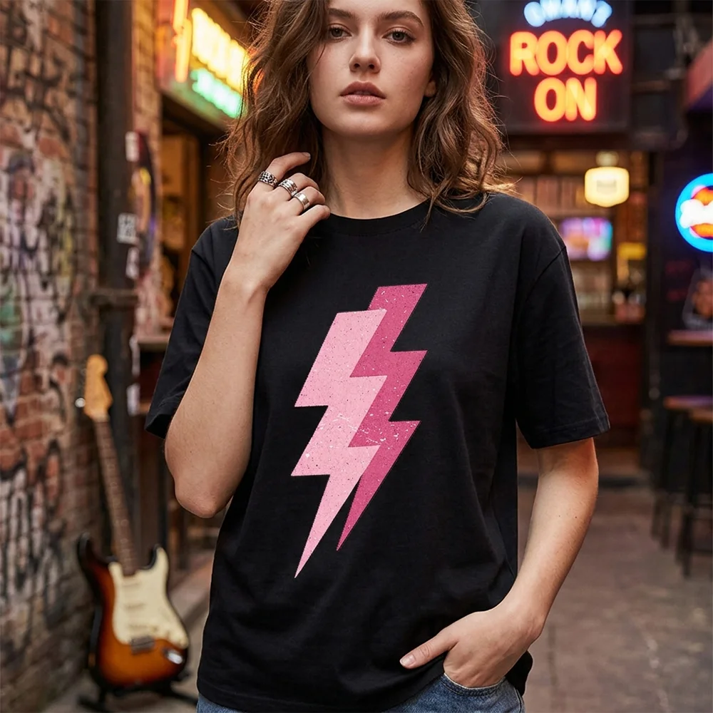 Women Glitter Lightning Bolt Print T Shirt Y2K Aesthetic Graphic Tee Summer Short Sleeve Top Casual Streetwear Fashion Clothing