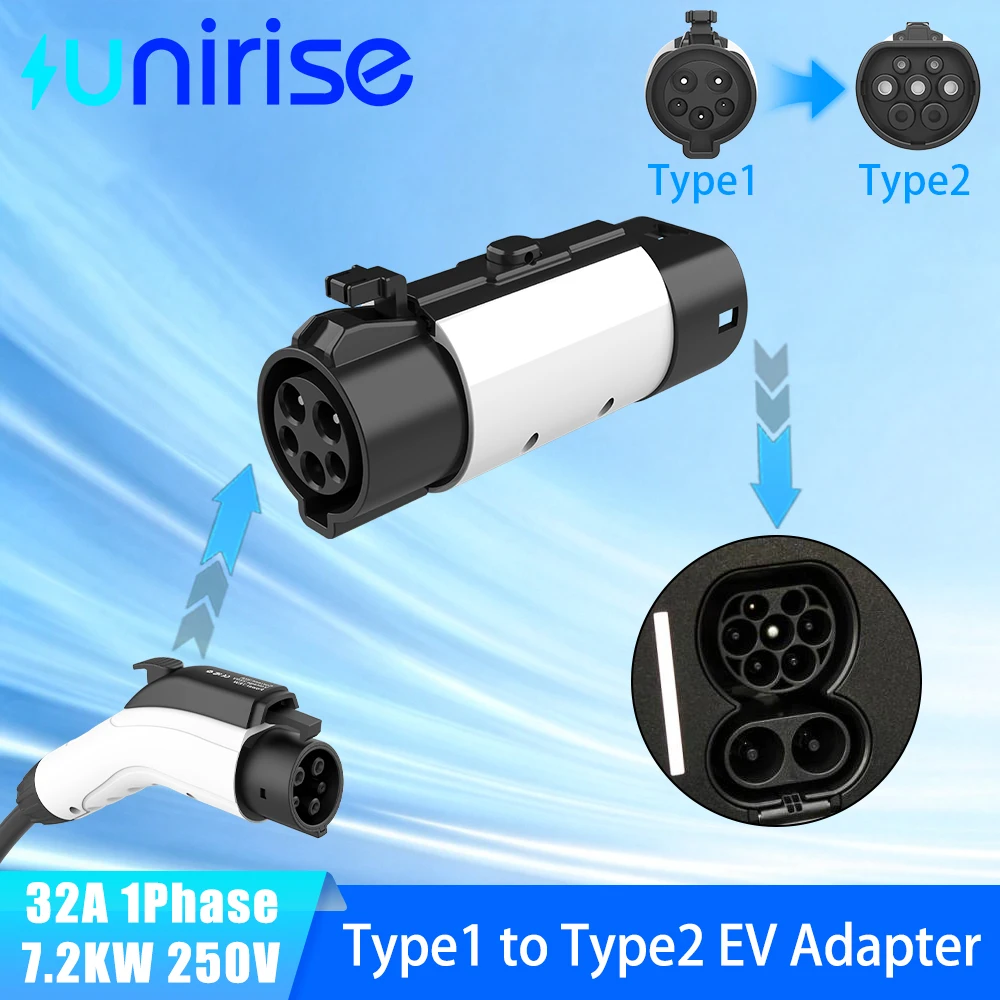 Unirise J1772 EV Charger Connector Type1 to Type2 32A 7KW EV Charging Adapter Converter for IEC 62196 Type 2 Electric Vehicle