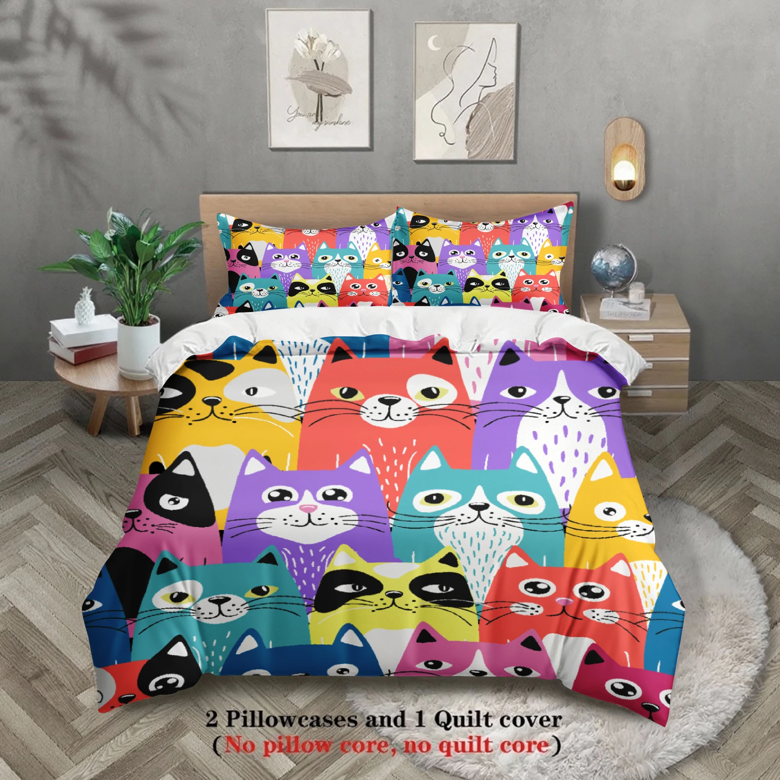

3pcs Colorful Cats Duvet Cover Cartoon Cat Pattern 3DPrint Gifts For Students Girls 100%Polyester Bedding Sets With 2Pillowcases