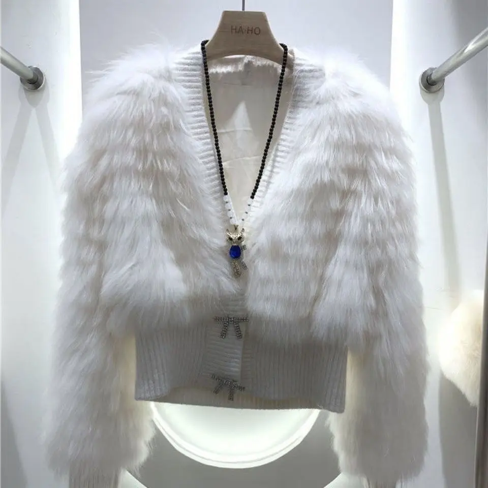 Autumn Winter New Fashion Women's Single-breasted Long Sleeve V-neck Solid Color Casual Trendy Simple Basic Faux Fur Coats Tops