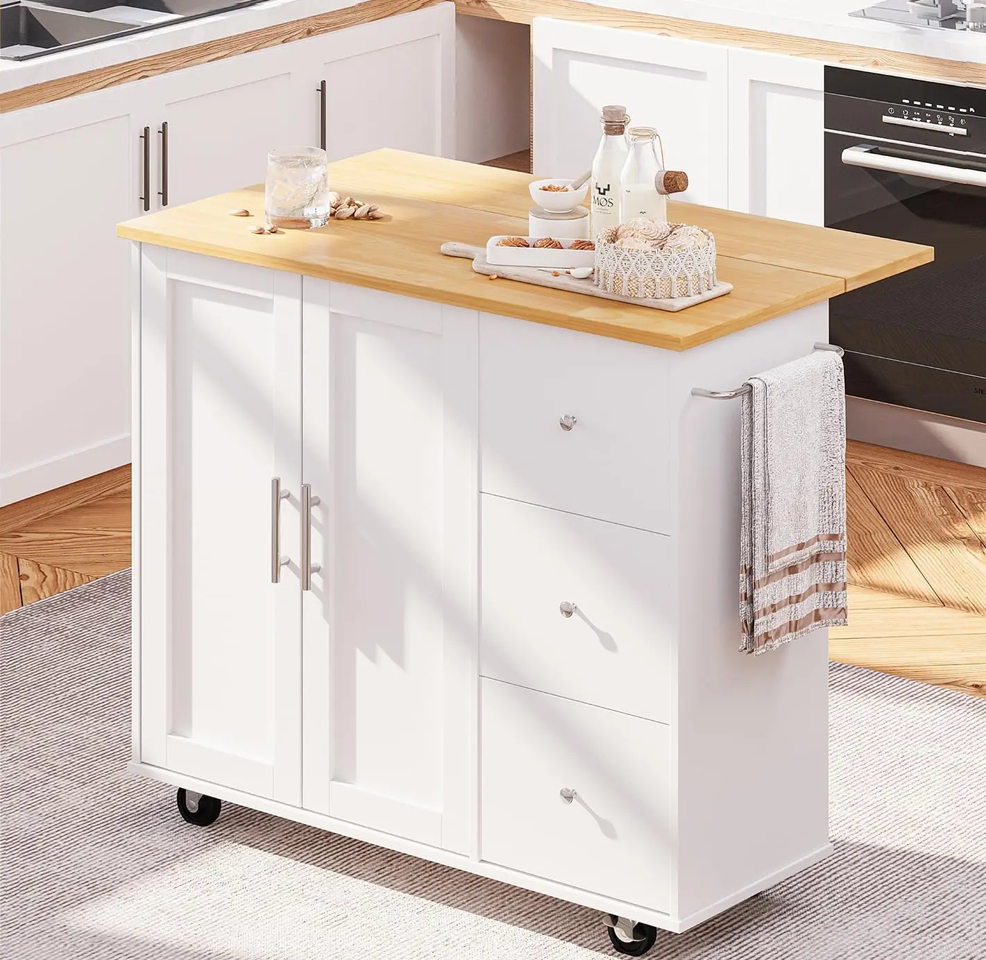 Kitchen Island on Wheels with Storage Cabinet & Foldable Drop Leaf, Rolling Kitchen Table,(Stylish White, 39.7-INCH)