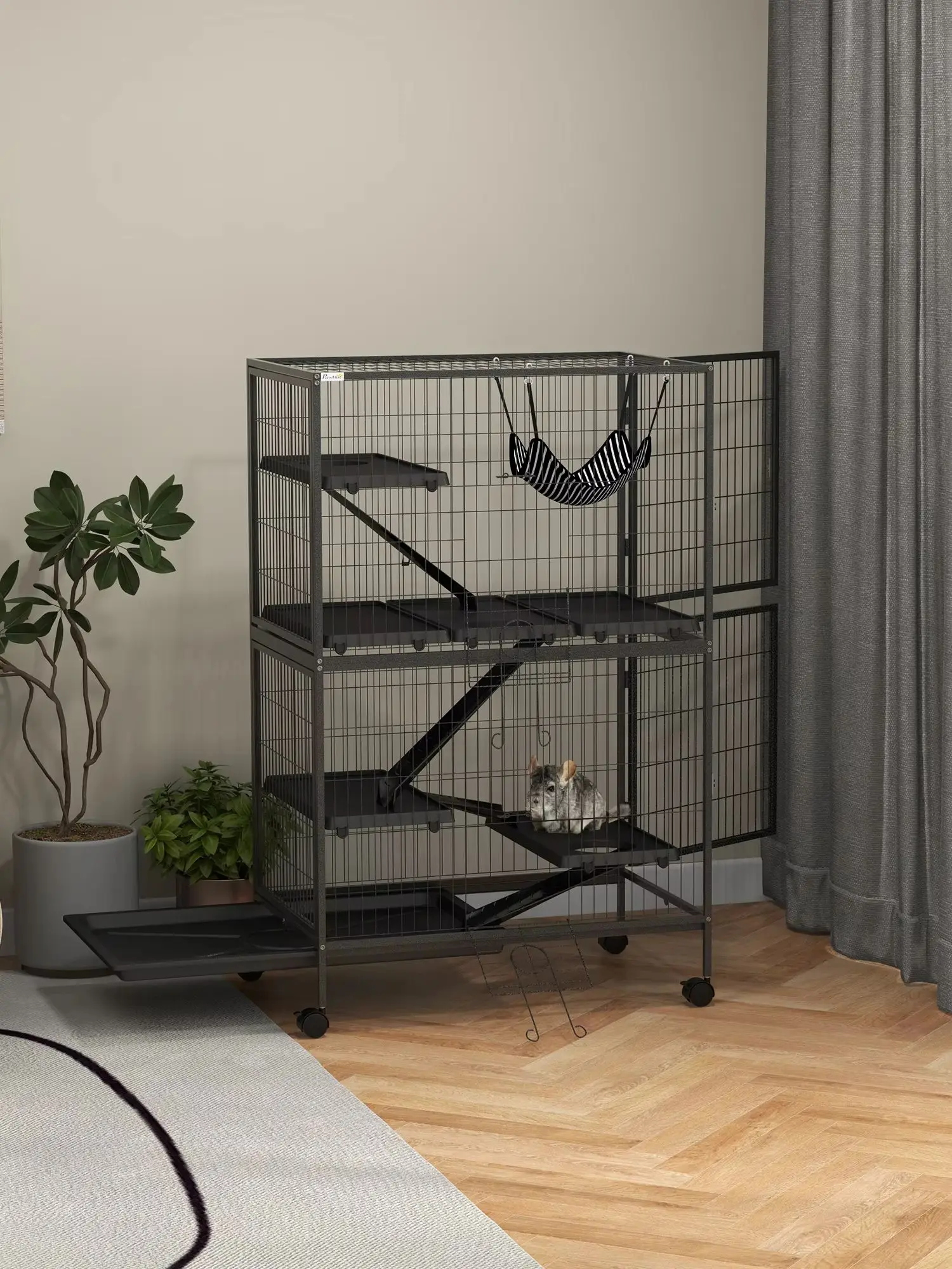 Pawhut 4-laags kleine dierenkooi met wielen 80X52X128 cm grijs - afbeelding 2