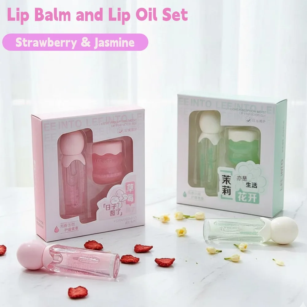Strawberry &Jasmine Hydrating Lip Mask and Lip Oil Set Light Moisturizing Anti Dry Exfoliating Soothing Tender Lips Lip Care Set