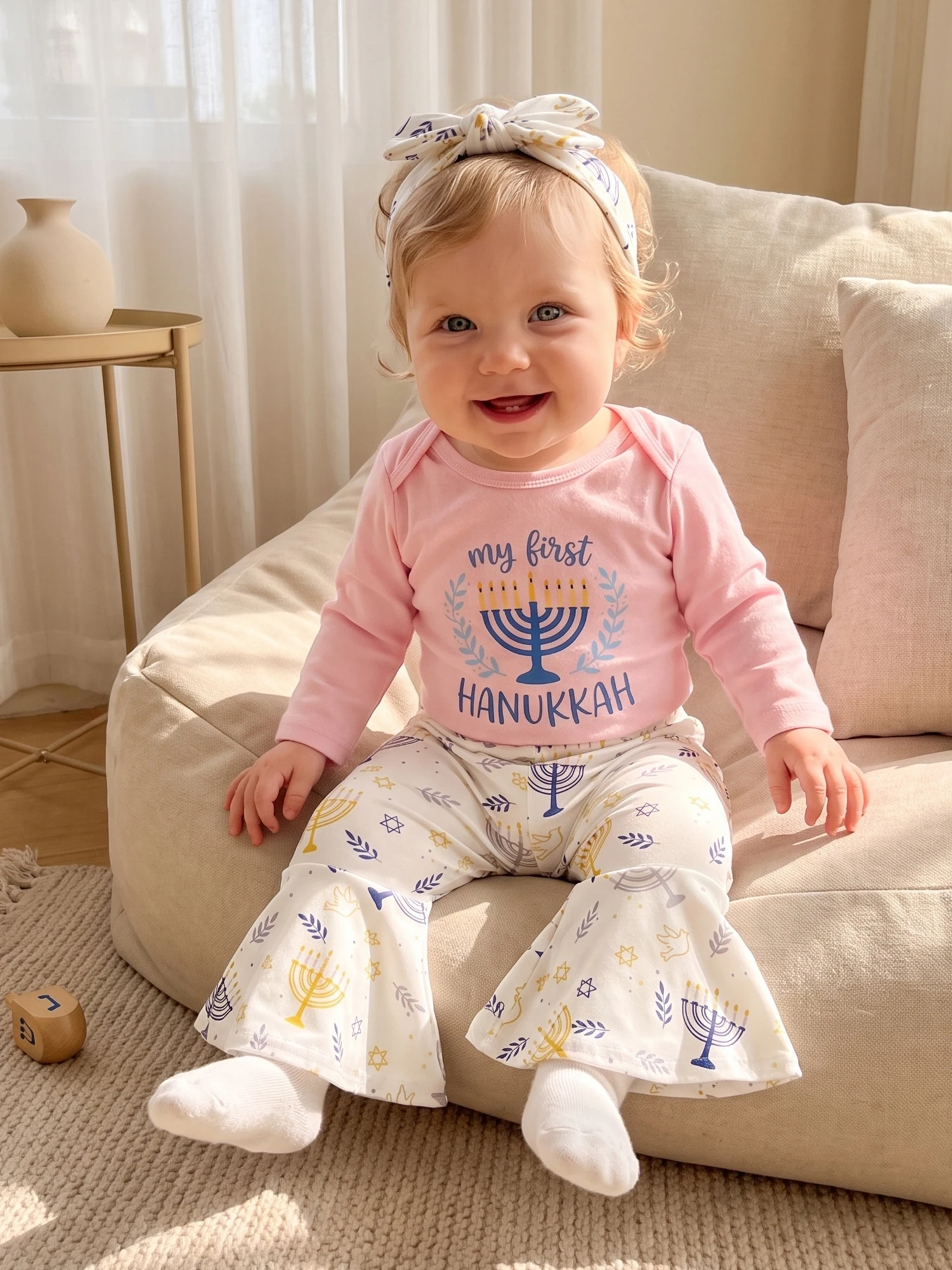 Hanukkah Outfit Hanukkah Outfit Letter Candle Pants Letter Candle Print Letter Candle Print Romper Flare Baby Professional