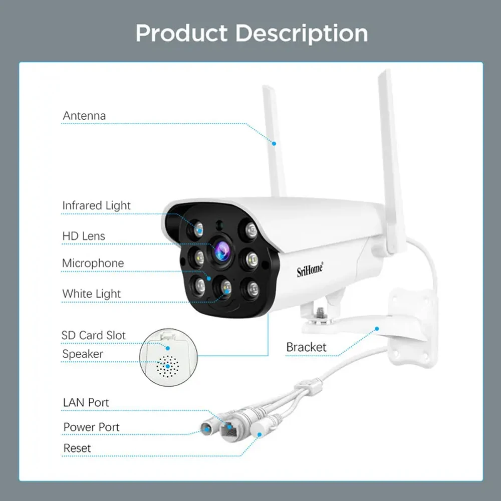 Imagem -06 - Srihome-câmera de Segurança ip 4mp Sh043 Wi-fi Áudio Bidirecional H.265 Onvif Bala de Metal Cor Visão Noturna Segurança em Casa