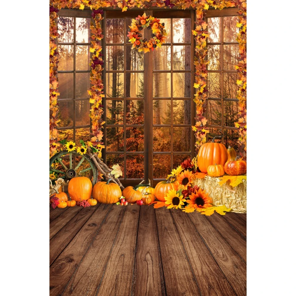 Autumn Backdrop Photography Fall Forest Farm Barn Pumpkins Maple Leaves Haystack Wood Floor Baby Portrait Photo Background Decor