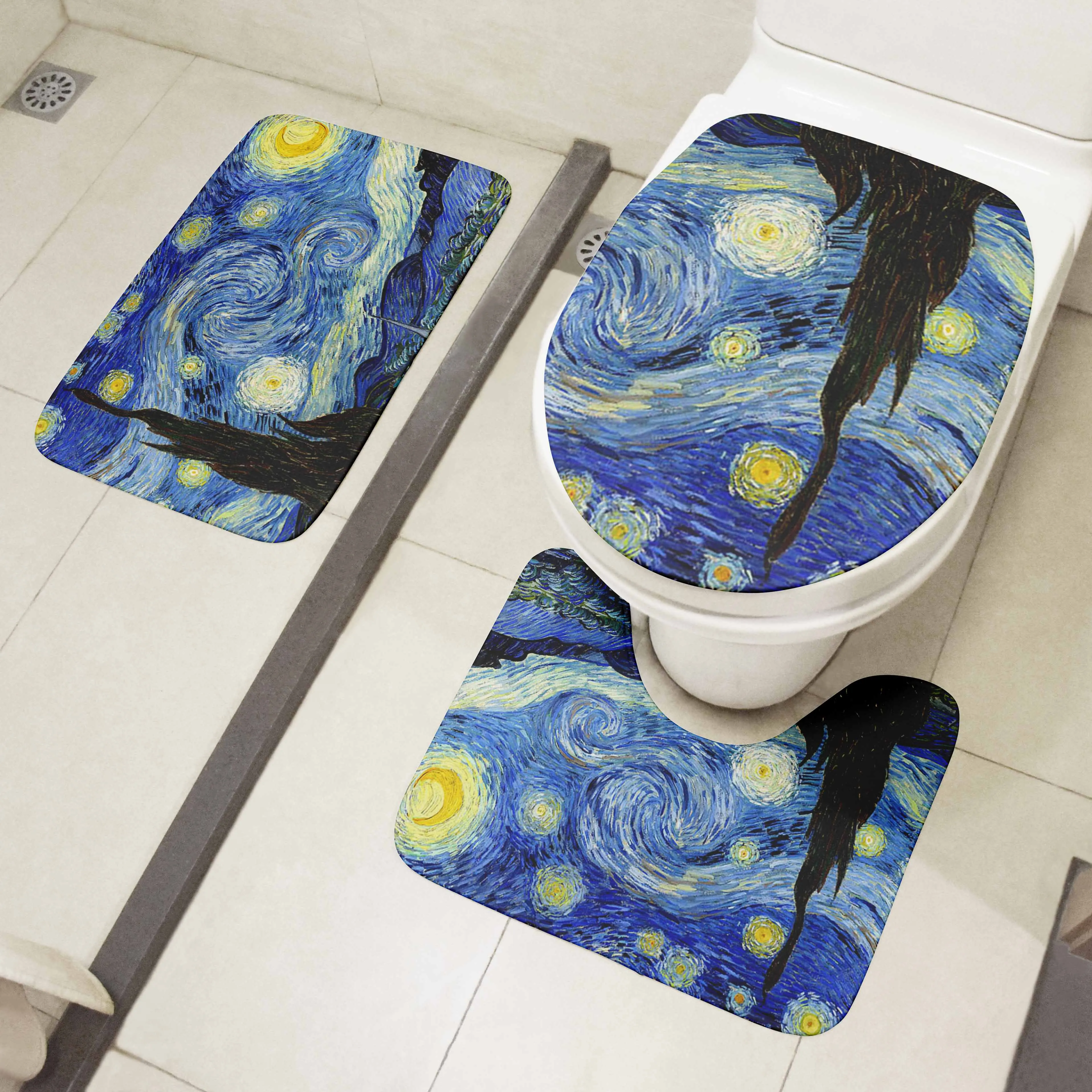 

Toilet Mat Set 3D Van Gogh Oil Painting Sunflower Starry Night Floor Rugs Bathroom Shower Flannel Non-Slip Carpet Toilet Cushion