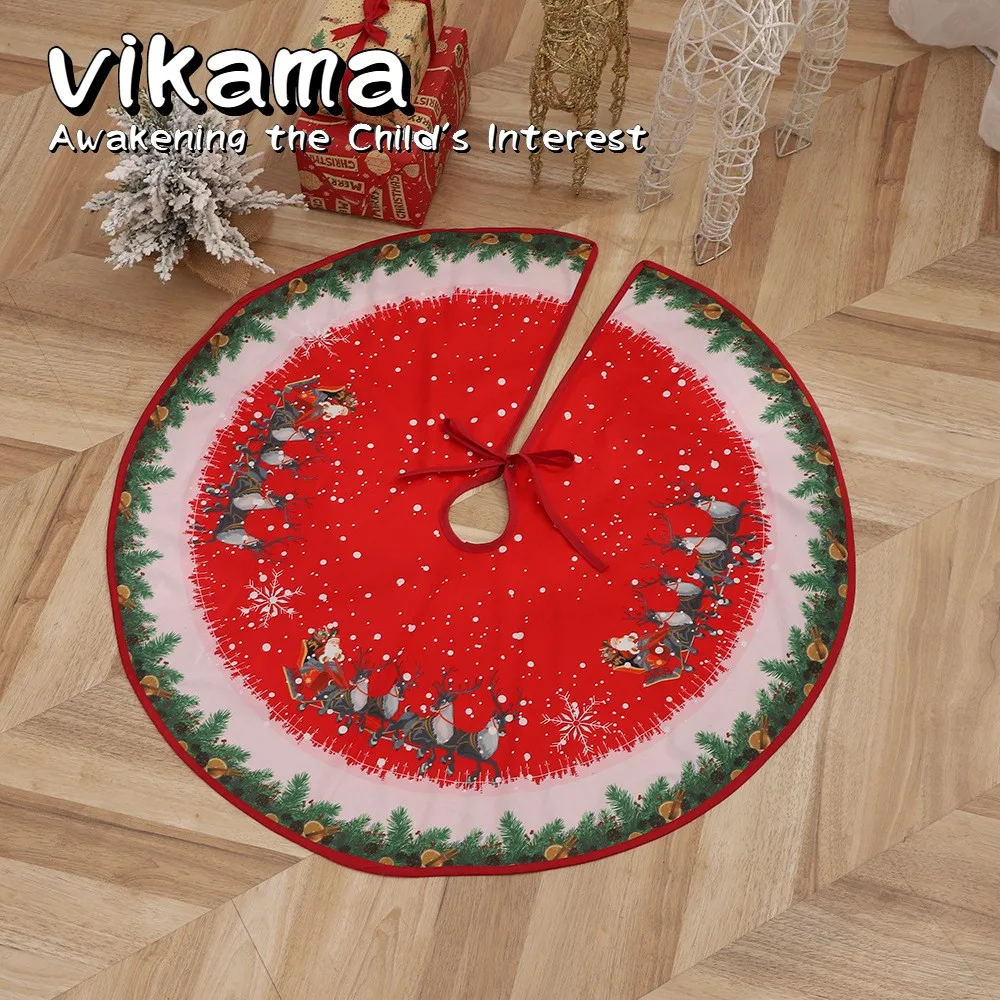 VIKAMA Weihnachtsbaumrock, Cartoon-Rentier-Muster, festliche dekorative runde Matte, Weihnachtsfeier, Heimdekoration, Feiersteppich