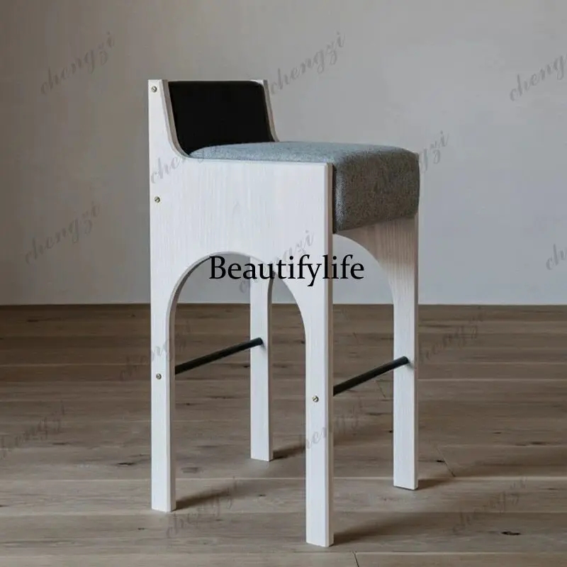 A74 Modern simple medieval style home island high backrest bar stool, creative solid wood dining chair