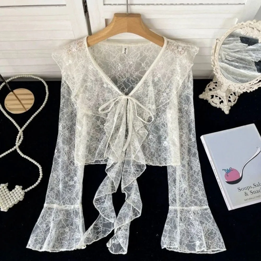V-Neck Lace Cardigan Ruffle Edge Flared Sleeve Sun Protection Cardigan Lightweight Hollow Out Sun-proof Shirt Spring Summer Wear