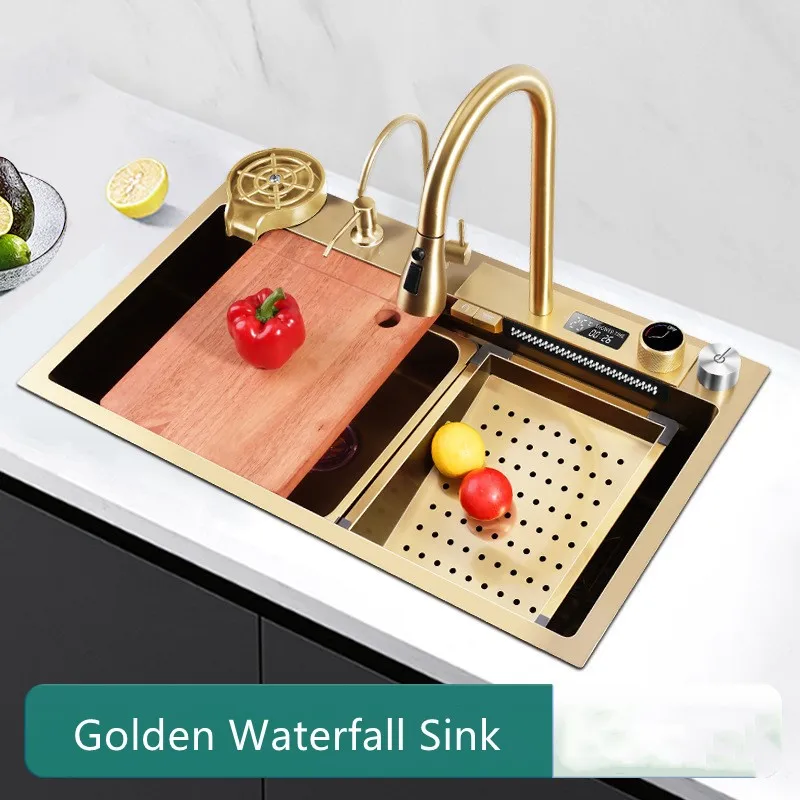 Digital Display Waterfall Faucet Kitchen Sink Stainless Steel Large Single Tank Multifunctional Waterfall Faucet Cup Washer