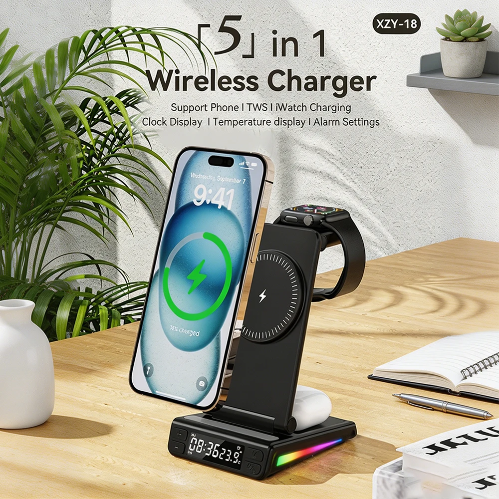 折りたたみ式5in1ワイヤレス充電器（目覚まし時計、温度計、rgbライト付き）15wマグネット式急速充電器（iphone-12～17、iwatch対応）
