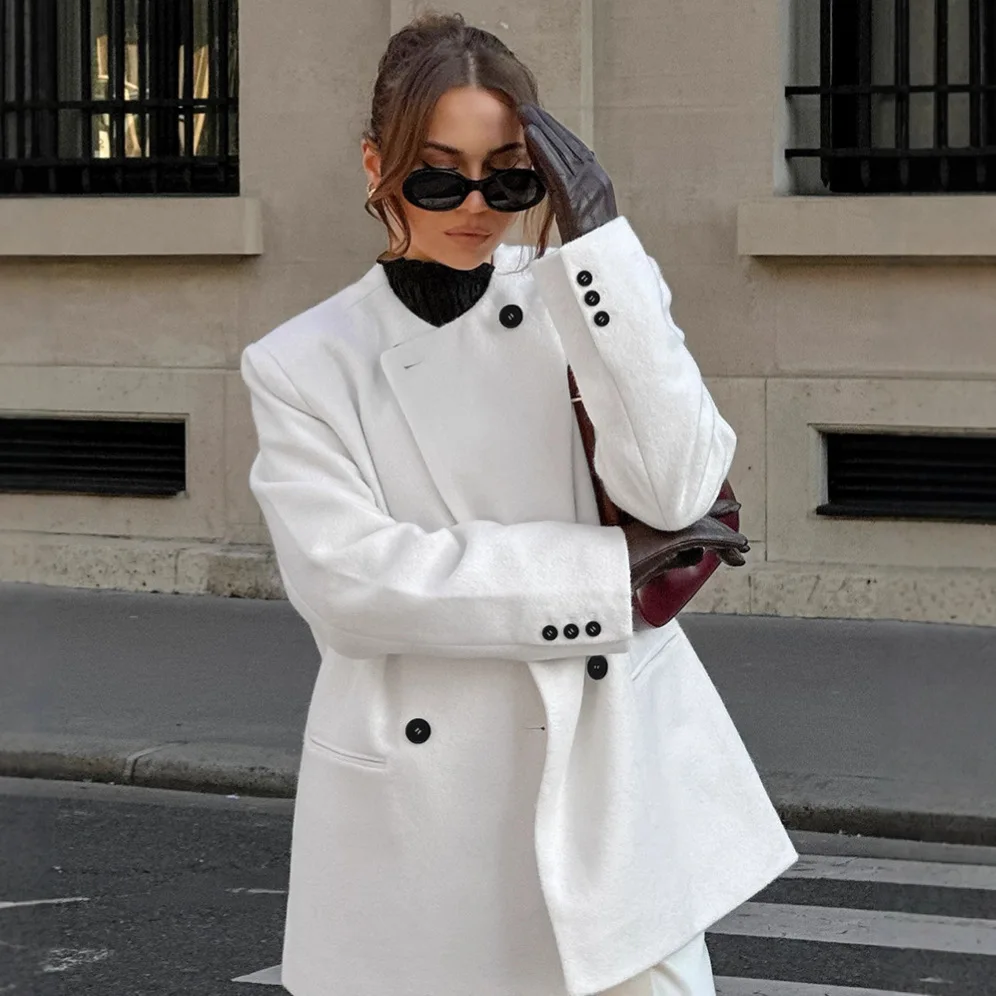 الحد الأدنى الخريف المرأة البدلة سترة بيضاء الخامس الرقبة مزدوجة الصدر جيوب أبلى للإناث سليم صالح منتصف طول معطف سيدة #3