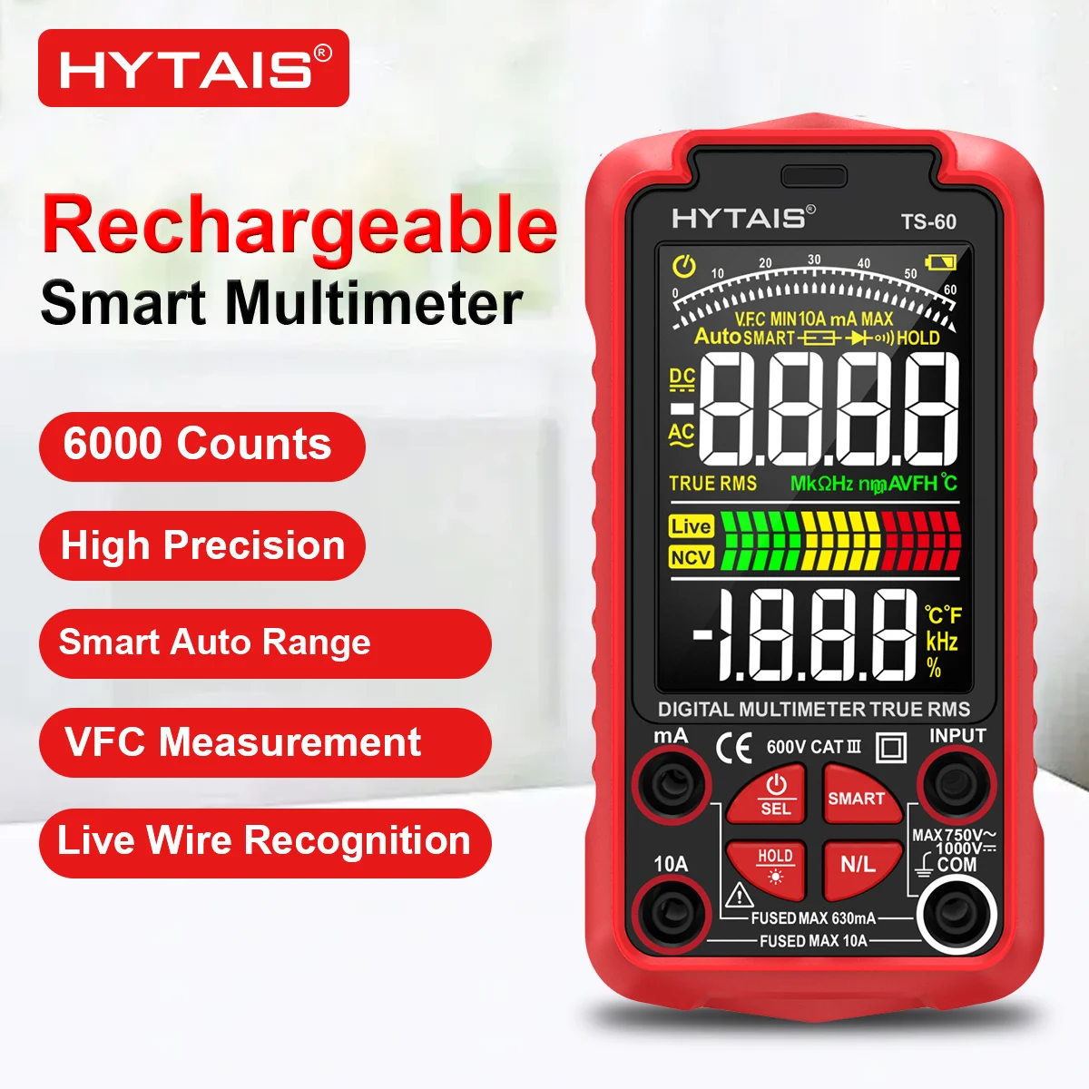 HYTAIS TS-60 Smart Multimeter 6000 Counts Color Screen TYPE-C Rechargeable VFC Measures Voltage Current Capacitance Resistance