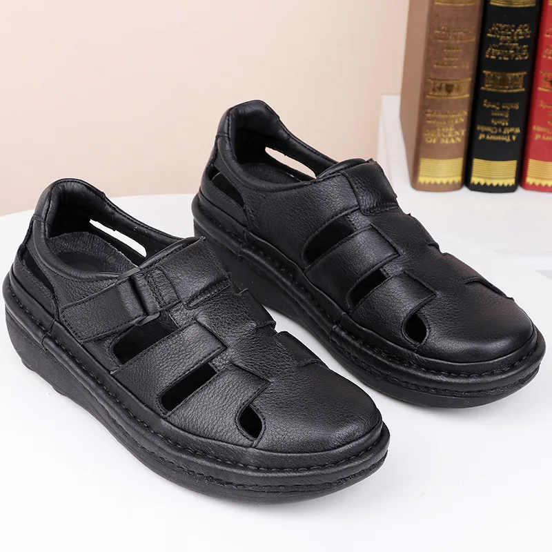 Very Soft !Mature Men\'s Summer Genuine Leather Closed Toe Casual Sandals Middle Age Dad Concise Beach Shoes