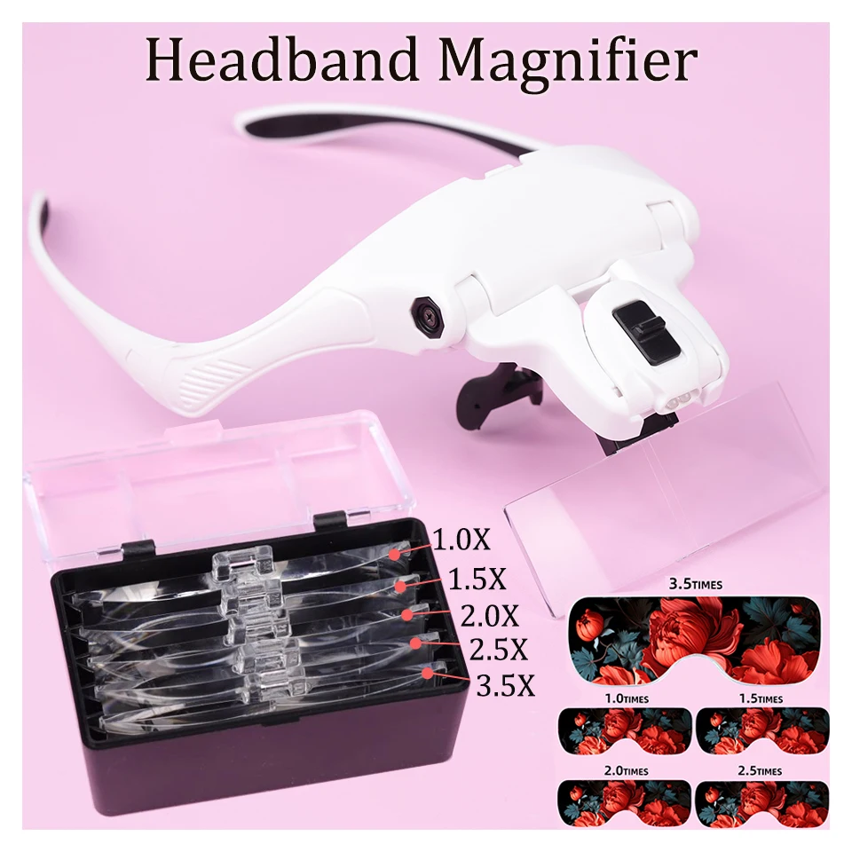 

LED Headband Magnifier Glasses Head Mount Loupe Magnifying Glass for Jeweler Watch Repair Reading Adjustable Optical 5 Lens