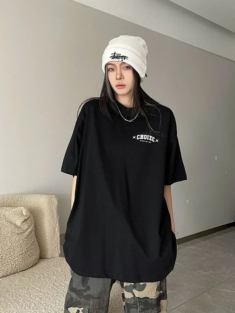 HOUZHOU Oversized Graphic Cotton T-shirts Women Harajuku Hip Hop Style Tees Female Grunge Y2k Korean Streetwear White Black Tops