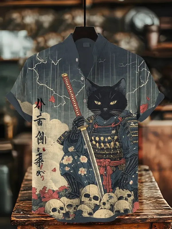 Men's Funny Black Cat Katana Samurai Japanese Art 3D Print Casual Shirts Summer Men Women Short Sleeve Blouse Hawaiian Beach Top