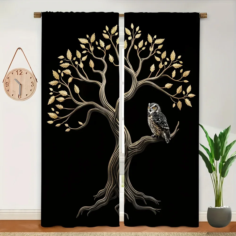Elegant Tree of Life Curtain Black Background Woodland Owl Nature Art Window Dressing Room Decor