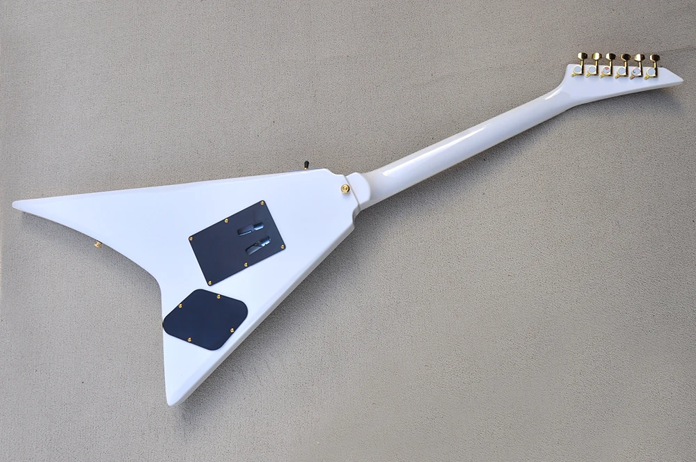 Left Hand White V Electric Guitar with Black Trim,Rosewood Fretboard,Can be Customized