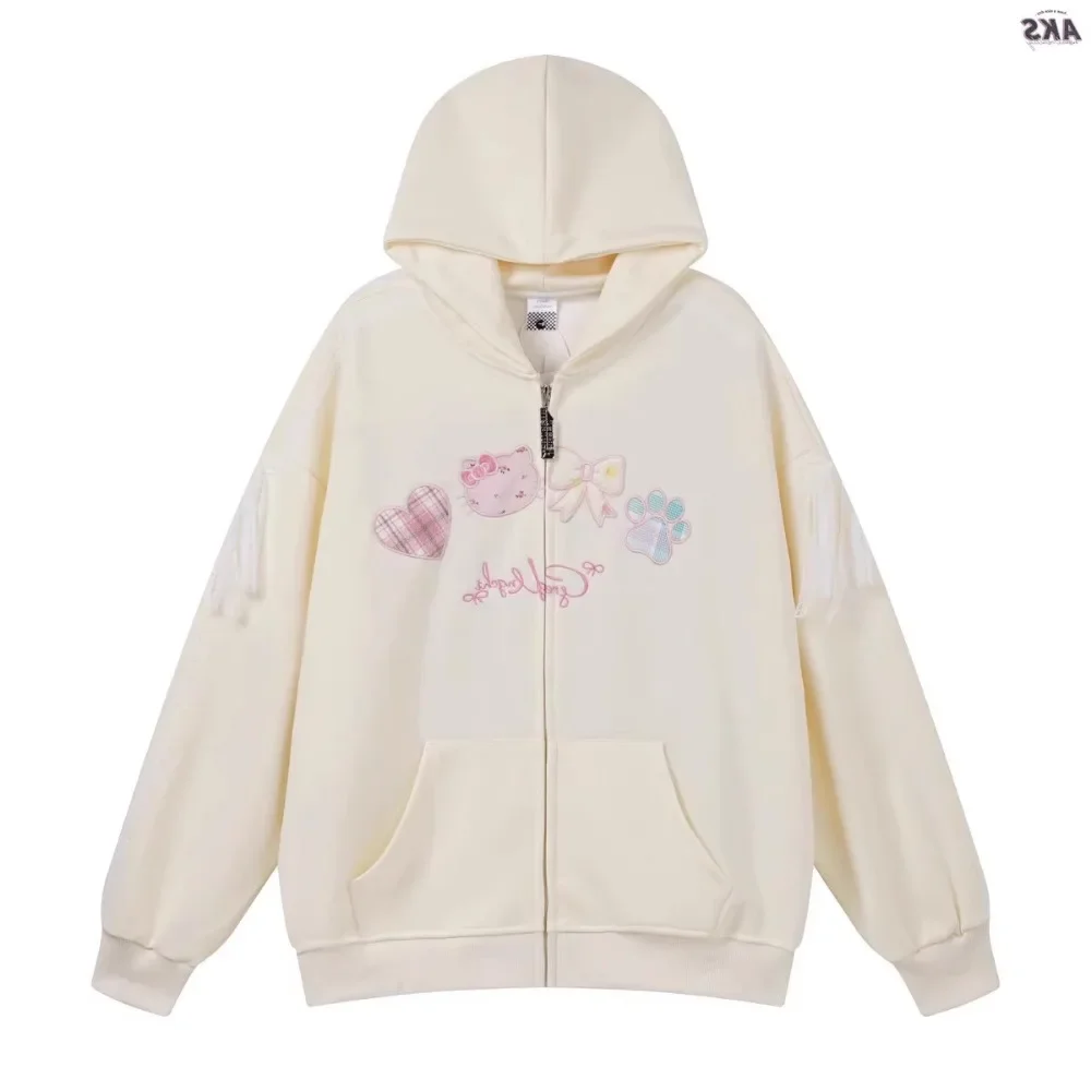 Harajuku Hochwertige Stickerei Hoodie Jacke Süße Süße Katze Cartoon Sweatshirts Mantel Oversize Lolita Y2k Mädchen Kawaii Japanisch