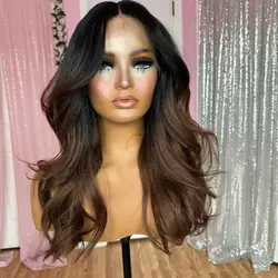 Perruque Lace Front Wig synthétique ondulée 13x4, cheveux sans colle, racines noires ombrées, marron foncé, fibre haute température, pour femmes noires