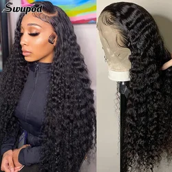 Swupod 200 Density 13x4 13x6 HD Transparent Swiss Deep Wave Lace Frontal Front Wig for Women Remy Human Hair Natural Black