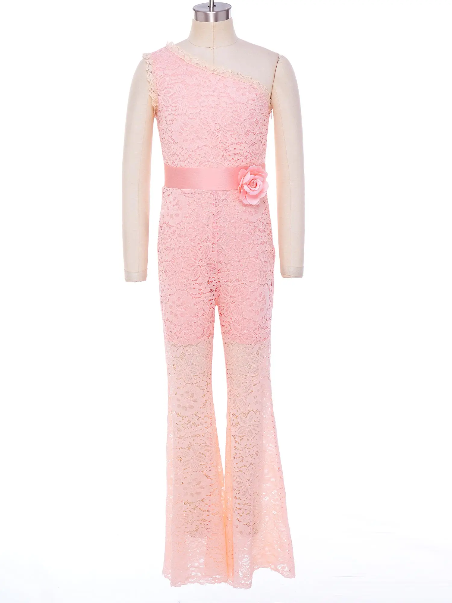 Kids One Shoulder Floral Lace Rompers for Girls Wedding Party Costume Flares Flared Jumpsuit Bell Bottom Flowr Girl Clothes